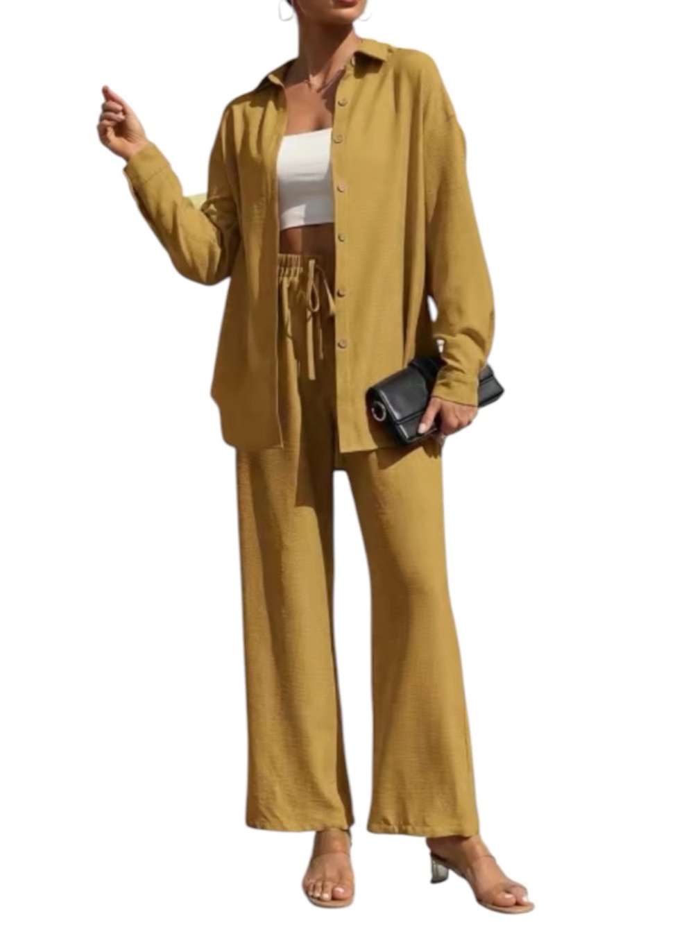 Relaxed Button Down Set - Mustard Brown